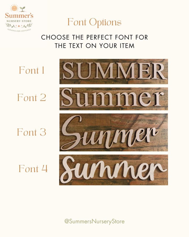 May include: Image showcasing font options for text on items. Four different fonts are displayed, each spelling "SUMMER" on a wooden plank. The text "Font Options" and "CHOOSE THE PERFECT FONT FOR THE TEXT ON YOUR ITEM" are also visible.