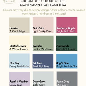May include: A color chart from Summer's Nursery Store, featuring a variety of paint color options. The chart includes swatches of colors like Hessian, Pink Petal, Rasberry Ripple, Clotted Cream, Bramble, Pinewoods, Blue Sky, Ink Blue, Bright Blue, Scottish Heather, Dove Grey, and Torch Grey.
