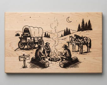 Western Campfire Scene SVG | Cowboy Wagon Laser Engraving Design