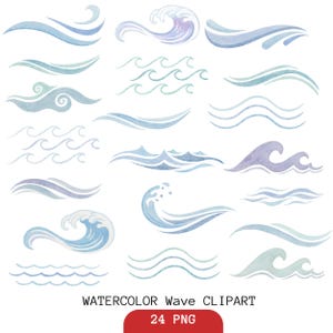 以下が含まれることがあります： 青と紫の色合いの水彩波クリップアート。この画像は、砕ける波、穏やかなさざ波、様式化された波のパターンなど、さまざまな波のデザインを特徴としています。「WATERCOLOR Wave CLIPART」というテキストが下に表示されています。