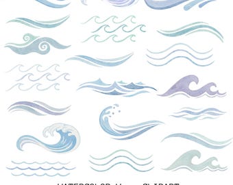 Aquarell Wellen Clipart: 24 handgemalte Illustrationen PNG, Digital Download, blaue Wellen