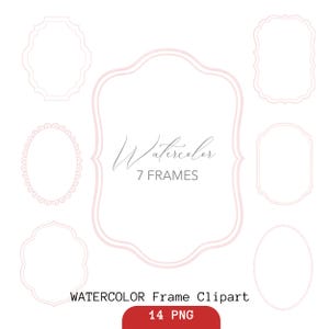 Peut inclure: Une collection de sept cadres décoratifs rose clair de formes variées, incluant des designs ovales et festonnés. Le cadre central porte le texte Watercolor 7 FRAMES, et le bas affiche le texte WATERCOLOR Frame Clipart 14 PNG.