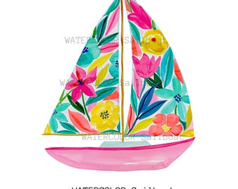 Aquarell 3 Segelboot Clipart, Tropischer Regenbogen PNG, Floral Segelboot handgemalte Kunst (digitaler Download)