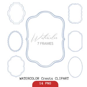 Könnte beinhalten: Eine Sammlung von sieben hellblauen Aquarellrahmen in verschiedenen Formen, darunter ovale und verzierte rechteckige Designs. Der mittlere Rahmen enthält den Text Watercolor 7 FRAMES und der untere Text lautet WATERCOLOR CRESTS CLIPART 14 PNG.