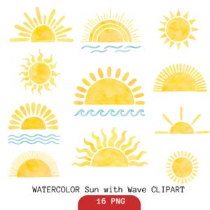 Puede incluir: Colección de imágenes prediseñadas de acuarela de sol y olas en tonos amarillos y azules. Los diseños de sol varían, incluyendo soles completos, medios soles y soles con líneas onduladas que representan el agua. El texto "WATERCOLOR Sun with Wave CLIPART".