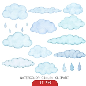 May include: Watercolor clipart featuring various light blue clouds and raindrops. The image includes fluffy, stylized clouds in different shapes and sizes, with a watercolor effect. The text "WATERCOLOR Clouds CLIPART" is at the bottom.
