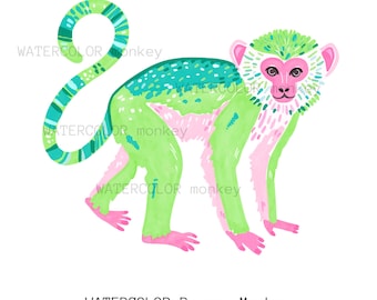 Handgemalter Aquarell Affe PNG, Preppy Coastal Monkey Clipart (digitaler Download)