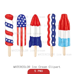 May include: Watercolor clipart featuring five patriotic ice popsicles in red, white, and blue. Designs include stars and stripes, and a rocket shape. The popsicles are on wooden sticks, perfect for summer-themed crafts and designs.