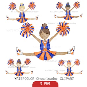 Può includere: Cinque illustrazioni ad acquerello di cheerleader in uniformi blu e arancioni che eseguono un salto a spaccata. Ogni figura tiene pompon blu e arancioni e indossa un fiocco abbinato. Il testo WATERCOLOR Cheerleader e 5 PNG è visibile.
