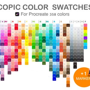 Op de afbeelding: Een kleurenkaart met de titel "COPIC COLOR SWATCHES" voor Procreate, met 358 kleuren. De kaart is georganiseerd in een raster, met een breed scala aan tinten, met een roze markeerstift en de tekst "+1 MARKER" in een oranje cirkel.