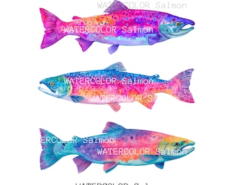 "Aquarell Lachs Clipart, ""Bunter Fisch"" PNG, Alaska Küstendesign (digitaler Download)"