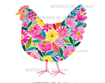 Floral Hen PNG Sublimation, Aquarell Huhn Clipart, Bauernhaus Cottagecore Volkskunst, Pastell Frühling Bauernhof Tier, kommerzielle Nutzung Download