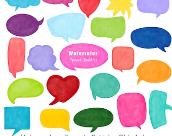 Sprechblase Clipart. Aquarell Sprechblase. Handgemalte Gedankenblase Illustration. Bunte Comic-Sprechblasen in Aquarellfarben