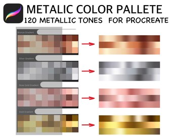 120 toni, Procreate Palette Metallic Gradients, palette di colori oro, rosa, oro e bronzo argento, campioni Procreate per iPad
