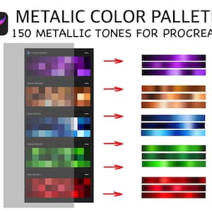 May include: A digital art graphic with the text "METALLIC COLOR PALETTE" and "150 METALLIC TONES FOR PROCREATE." The image displays color swatches in purple, bronze, blue, green, and red. Each color has a corresponding gradient bar.