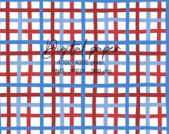 Vaterhaftes Gingham Plaid Digitales Papier: Rot, Weiß, und Blau (PNG, Jpeg, Digital Download) Handgemalt