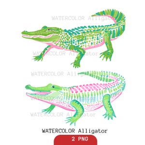 May include: Two watercolour illustrations of alligators in green, pink, and white. The alligators are shown in profile, with detailed scales and a vibrant colour palette. The text "WATERCOLOR Alligator" is repeated above and below the alligators.