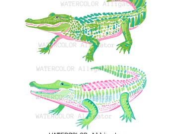 Handgemalter Aquarell Alligator PNG, Preppy Coastal Gator Clipart (digitaler Download)