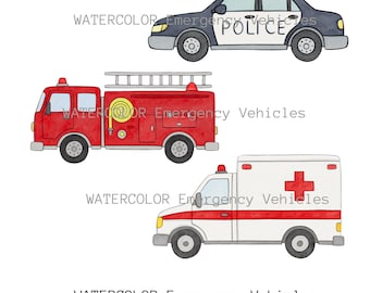 Watercolor Emergency Vehicles Digital Clip Art Set- Instant Download, PNG Police