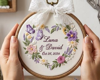 Personalized Wedding Embroidered Hoop, Custom Couple Names Date Floral Hoop Art, Personalized Wildflowers Gift for Couple, Anniversary Gift