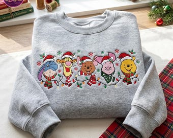 Holiday Bear And Friends Embroidered Sweatshirt, Magical Land Christmas Lights Character Crewneck, Festive Winter Shirt, Family Trip Gift