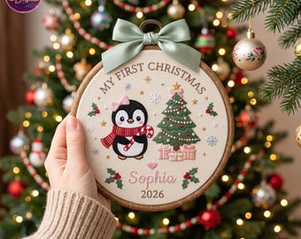 Personalized Baby First Christmas Ornament, Custom Name Penguin Keepsake, Newborn Girl Christmas Gift, First Holiday Decor, Baby Shower Gift