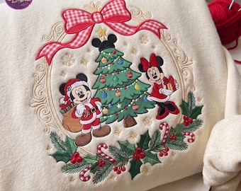 Embroidered Christmas Couple Mouse Sweatshirt, Magical Land Coquette Bow Applique Crewneck, Red Bow Christmas Shirt, Holiday Trip Gift