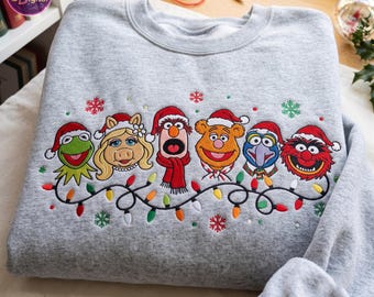 Funny Puppet Friends Christmas Embroidered Sweater, Magical Land Funny Holiday Tee, Puppet Crew Holiday Lights Shirt, Family Trip Xmas Gift