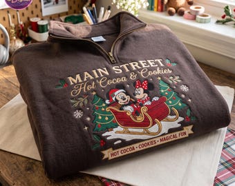 Main Street Christmas Embroidered Quarter Zip Sweatshirt, Magical Land Christmas Crewneck, Festive Mouse Xmas Shirt, Preppy Xmas Trip Gift
