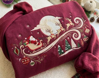 Santa Reindeer Embroidered Sweatshirt, Cozy Vintage Holiday Pullover, Christmas Sleigh Crewneck, Most Wonderful Time Sweater, Xmas Gift