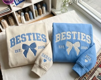 Matching Besties Embroidered Sweatshirt, Best Friend Hoodie, Custom  Name On Sleeve Couple Shirt, College Style Crewneck, Gift For Friend