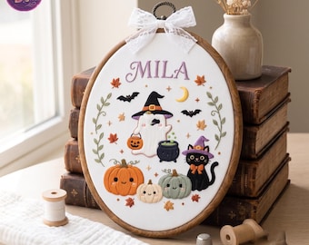 Personalized Halloween Embroidery Hoop, Custom Name Hoop , Cute Halloween Ghost Cat Pumpkin Nursery Decor, Halloween Gift