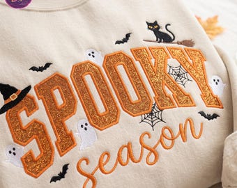 Spooky Season Embroidered Sweatshirt, Coquette Halloween Crewneck, Ghost Bat Pumpkin Applique Tee, Cozy Autumn Gift, Halloween Gift