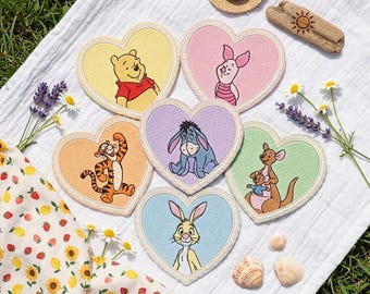 Embroidered Bear and Friends Iron On Patches, Pastel Cute Patch, Magical Land Heart Shape Patches, Patch for Bag, Hat, Shirt, Park Trip Gift