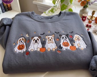 Cute Halloween Ghost Dogs Embroidered Sweatshirt, Spooky Trick or Treat Puppy Tee, Halloween Dog Mom Tee, Cozy Season Gift, Dog Lover Gift