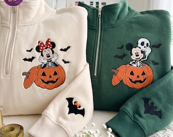 Halloween Pumpkin Embroidered Quarter Zip Sweatshirt, Cute Skeleton Mouse Couple Fall Pullover, Spooky Season Gift, Cozy Fall Outfit