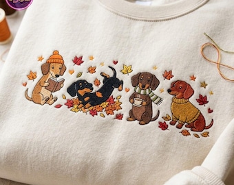Dachshund Fall Embroidered Sweatshirt, Wiener Dog Thanksgiving Tee, Cozy Season Pumpkin T-shirt, Silly Fall Dach, Autumn Dog Lover Gift