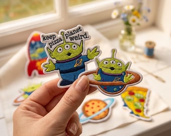 Embroidered Alien Toy Iron-On Patch,  Retro Alien Pizza Patch, Toy Friends Iron-On Patches For Bag, Hat, Shirt,  Space Gift, Park Trip Gifts