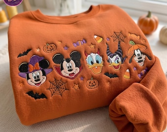 Cute Halloween Mouse And Friends Embroidered Sweatshirt, Spooky Magical Land Character Shirt, Fall Holiday Apparel, Fall Crewneck Gift