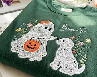 Floral Lace Ghost and Dog Boop Embroidered Sweatshirt, Spooky Season Tee, Coquette Fall Tee, Cute Fall Apperal, Funny Halloween Dog Mom Gift
