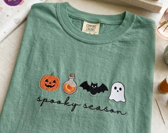 Spooky Season Embroidered Comfort Colors T-Shirt, Pumpkin Bat Tee, Cute Halloween Ghost Shirt, Fall Graphic Shirt, Ghost Lover Gift