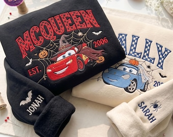 Personalized Halloween Racing Car Embroidered Sweatshirt, Custom Name Spooky Car Crewneck, Pumpkin Ghost Fall Shirt, Couple Matching Gift