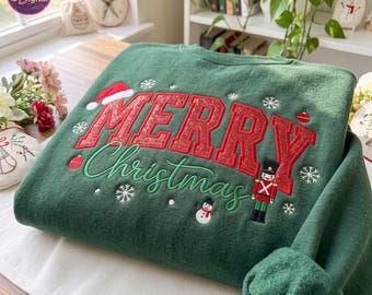 Merry Christmas Embroidered Sweatshirt, Christmas Holiday Gift,  Red Gliter Aplique Snow Fall Tee, Festive Xmas Shirt, Very Merry Gift