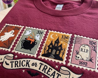 Retro Halloween Cat Ghost Embroidered Sweatshirt, Girly Halloween Apperal, Witch Pumpkin Halloween Tee, Spooky Mama Gift, Spooky Season Gift