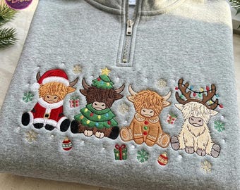 Highland Cow Christmas Embroidered Quarter Zip Shirt, Cute Farm Holiday Sweater, Cow Lover Gift, Farm Mom Gift, Cozy Winter Gift For Her