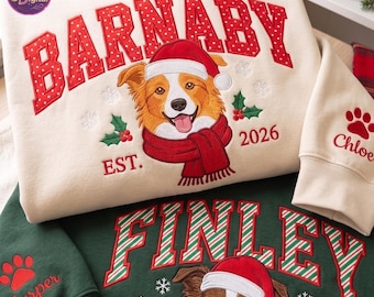 Embroidered Custom Pet with Photo Christmas Mock Neck Sweatshirt, Personalized Applique Pet Name Shirt, Dog Cat Owner Gift, Pet Lover Gift