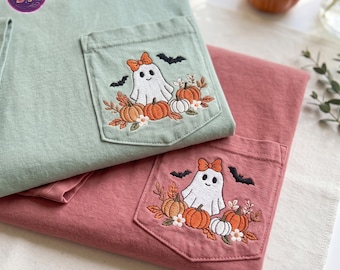 Ghost Fall Comfort Colors Embroidered Pocket Shirt, Girly Ghost Shirt, Vintage Ghost Pumpkin Coquette Tee,  Fall Lover Gift, Halloween Gift