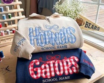 Custom Mascot Coquette Bow Quarter Zip Sweatshirt, Game Day Football Shirt, Personalized Applique School Spirit Pullover, Cute Team Gift