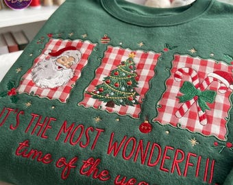 The Most Wonderful Time Retro Embroidered Sweatshirt, Applique Xmas Tree Candy Tee, Preppy Christmas Coquette Frame Santa Tee, Holiday Gift