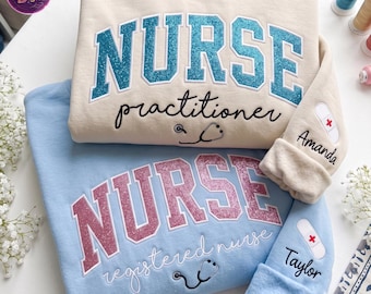 Custom Embroidered Glitter Nurse Sweatshirt, Registered Nurse Sweatshirt, Nurse Appreciation Gift, Nurse Week Gift, Custom Name Nursing Gift